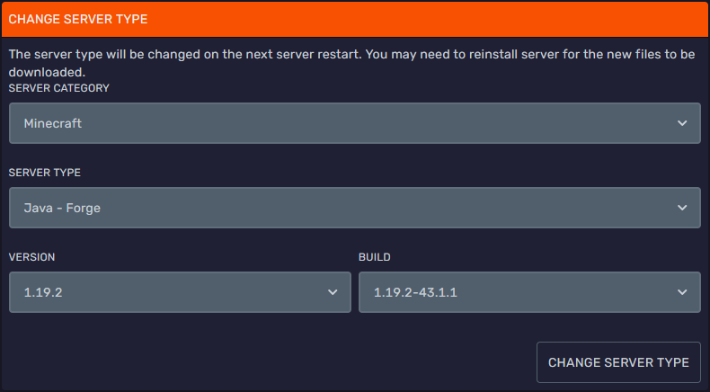 Change Server Type dialog configured to install Forge