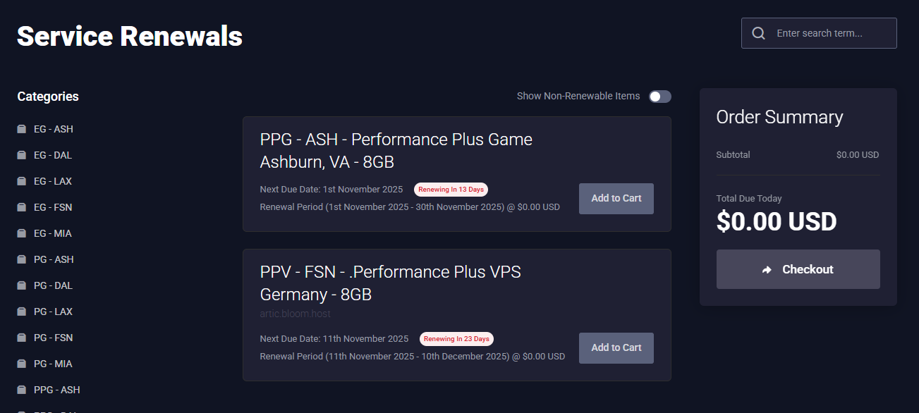 Early renewal page listing an eligible service and Add to Cart button