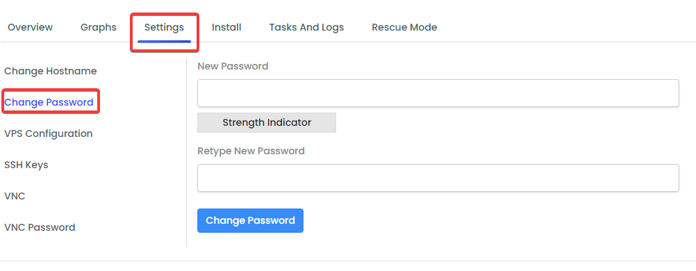 VirtFusion VPS dashboard showing credential controls