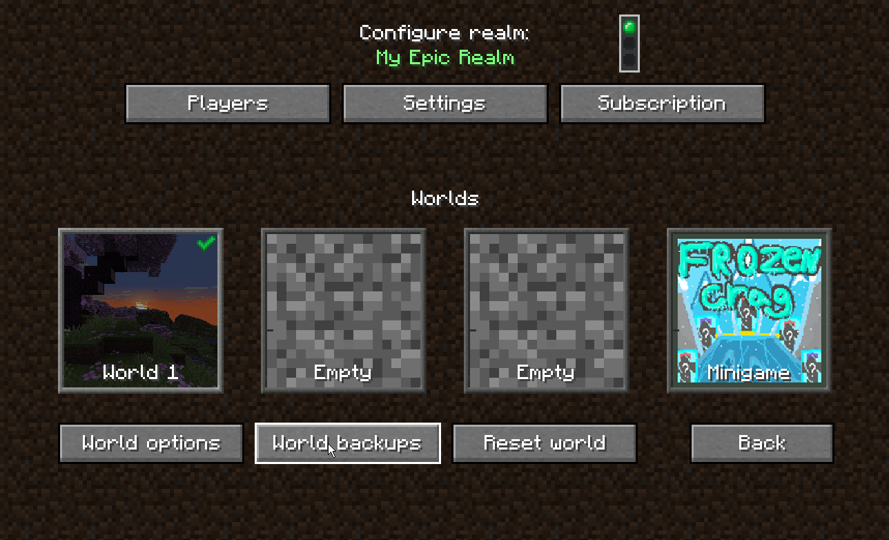 Minecraft Realm settings with the World backups button