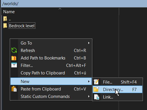 New Bedrock world folder created in the SFTP client