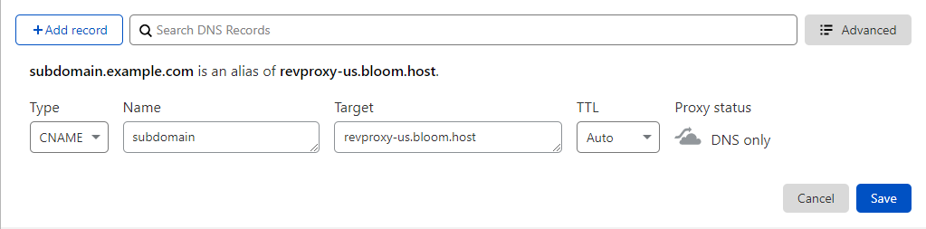 Cloudflare CNAME record configured for a subdomain