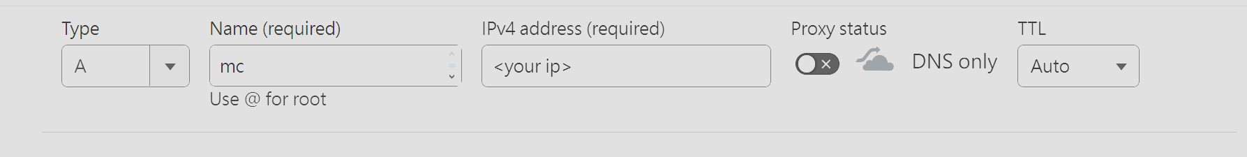 Cloudflare DNS record pointing a domain to the server address