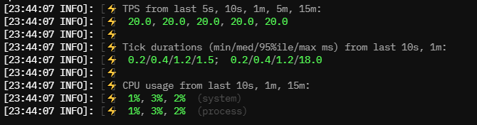 Server console output from the TPS command