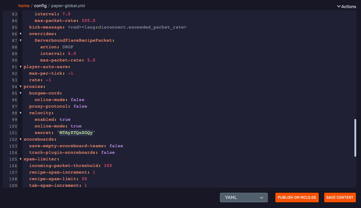 paper-global.yml with the Velocity forwarding secret configured