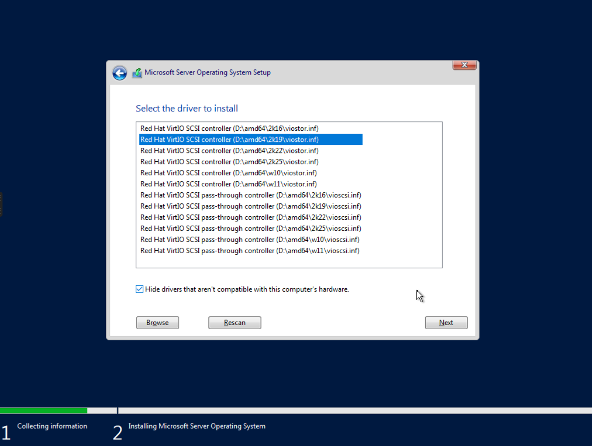 VirtFusion Media tab with the VirtIO driver image inserted
