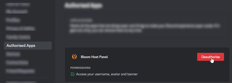 Discord Authorized Apps page with the Deauthorize button