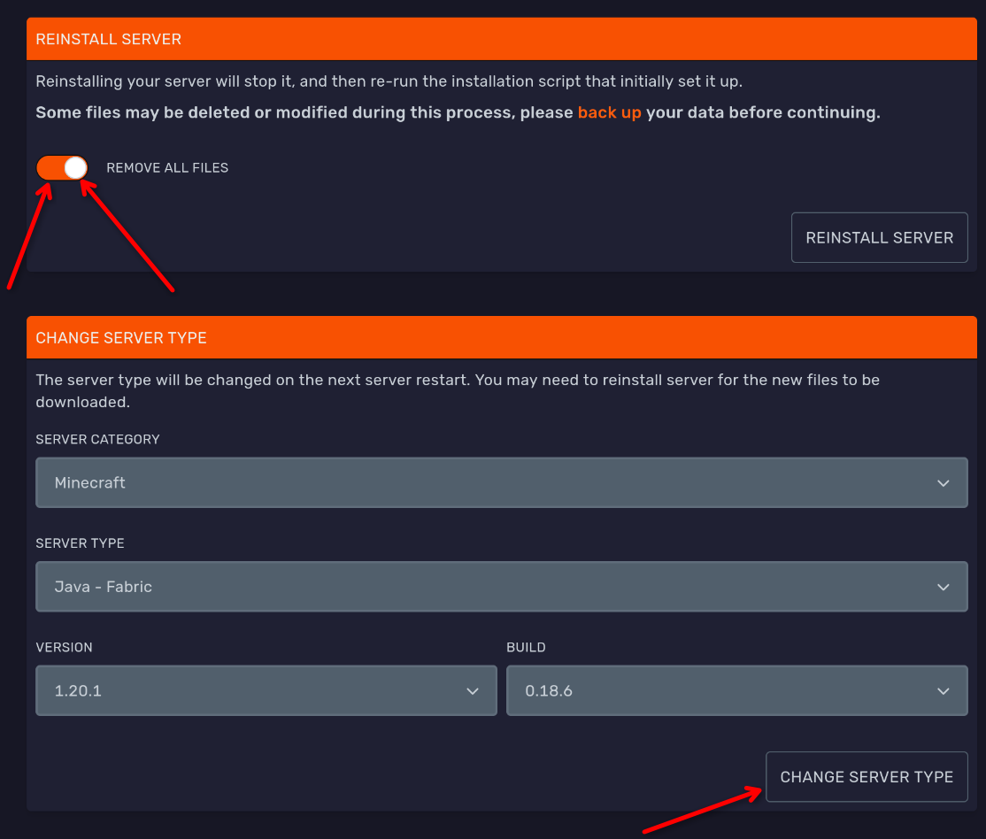 DuckPanel Change Server Type dialog with the matching server jar selected