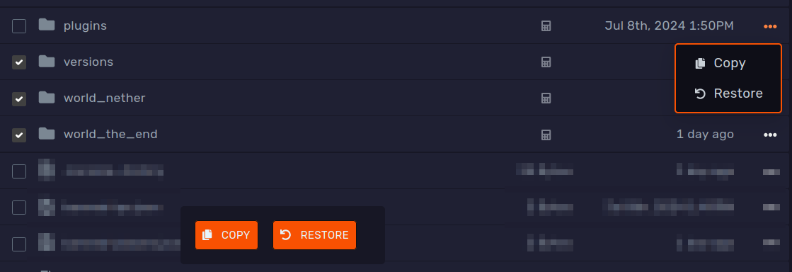 Extract and copy buttons in the File Manager